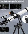 Dope 90mm Refractor Telescope for Adults with 1000mm Focal Length, AZ mount, phone adapter, star-finding app display
