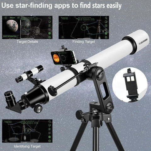 Dope 90mm Refractor Telescope for Adults with 1000mm Focal Length, AZ mount, phone adapter, star-finding app display