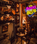 Vintage cafe setting with 'Back to the 80s' neon sign in bright colors illuminating retro decor and furniture.