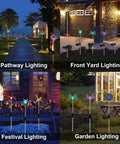 Six Pack Solar Garden Stake Lights Set With Color Changing LED Figurines Including Butterfly Dragonfly Hummingbird Bee Star Sunflower for outdoor decor, shown in various yard settings.