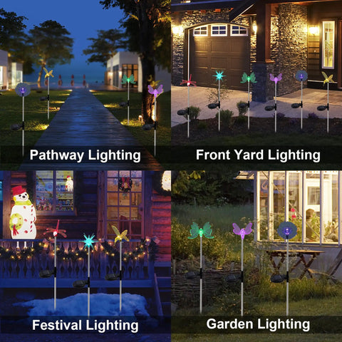 Six Pack Solar Garden Stake Lights Set With Color Changing LED Figurines Including Butterfly Dragonfly Hummingbird Bee Star Sunflower for outdoor decor, shown in various yard settings.