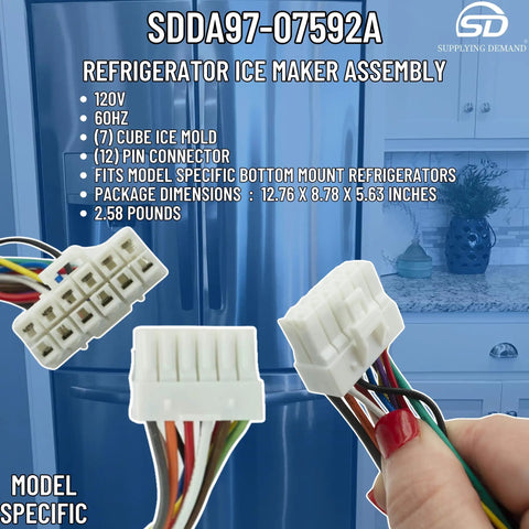 Close-up of Refrigerator Ice Maker Assembly Replacement DA97-07592A 2051096 showing 12-pin connector, fits bottom mount fridges
