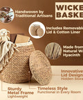 Wicker Storage Basket With Lid for Living Room Large Blanket Organizer Handwoven Water Hyacinth with Removable Cotton Liner