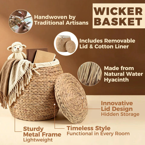 Wicker Storage Basket With Lid for Living Room Large Blanket Organizer Handwoven Water Hyacinth with Removable Cotton Liner