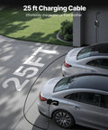 25 ft cable from 16 Amp Level 1 And Level 2 EV Charger charging two cars in driveway, highlighting easy reach and flexibility.