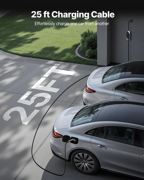25 ft cable from 16 Amp Level 1 And Level 2 EV Charger charging two cars in driveway, highlighting easy reach and flexibility.