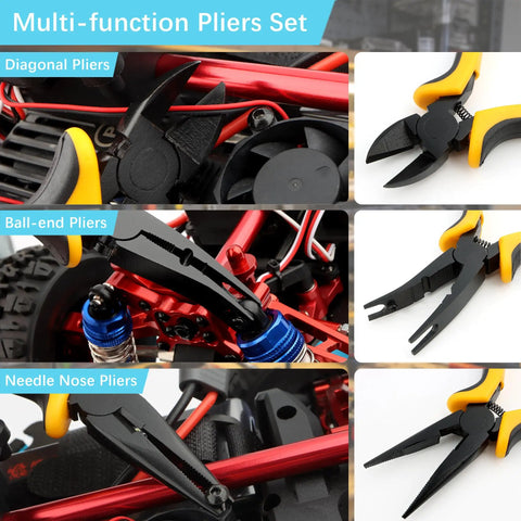 All In One 12 Piece RC Car Repair Tool Kit With Hex Screwdrivers Pliers Wrenches Nut Drivers And Phillips And Flat Screwdrivers For RC Cars Drones Helicopters Planes And Boats Pro Grade Turnbuckle Wrenches And Locknut Sleeve Included showing multifunction pliers set with close-up of diagonal, ball-end, and needle nose pliers.