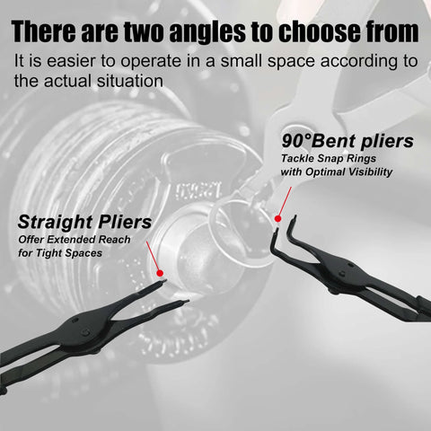 Heavy Duty Snap Ring Pliers Set Pro Grade With 10 Piece Internal And External Circlip Pliers in use with straight and bent tips