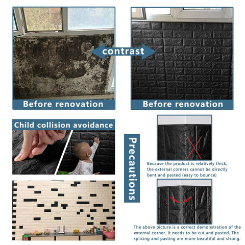 Before and after using Pink 3D Wall Panels Set of 10 Peel and Stick Self Adhesive Foam Brick Wallpaper for Interior Walls, 14.5 Sq Ft Coverage.