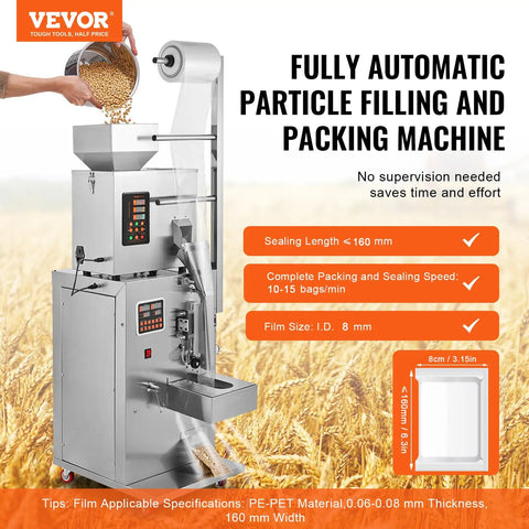Straight Up Automatic Weighing And Sealing Bag Packing Machine For Flours Beans Grains 1 To 100 Grams High Speed Micro Computer Control Multi Material Packaging Unit showing stainless steel structure with hopper and filling system.