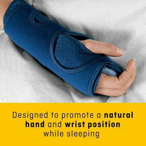 Person wearing a blue Night Wrist Support For Carpal Tunnel Relief, Left Or Right, Adjustable, Breathable Sleeve on wrist.