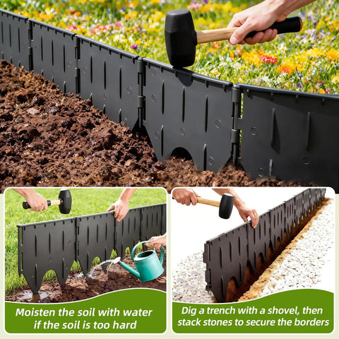 Interlocking Garden Edging Border Kit With 38 Pieces, 20 Ft Of Durable Plastic Lawn Border, installed in garden, person using mallet