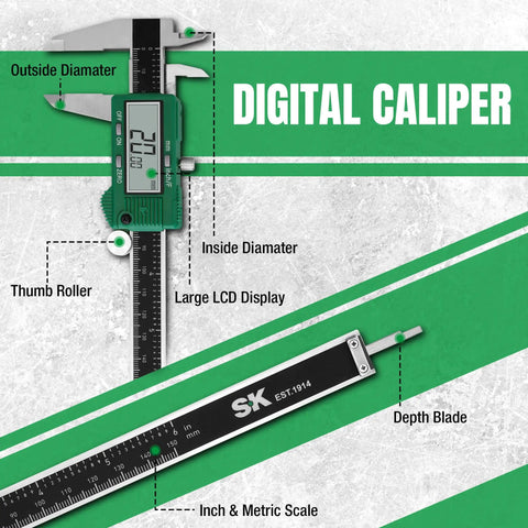 Image displaying 6 Inch Digital Caliper With Large LCD Screen And Auto Off Vernier Caliper Measuring Tool Inch Millimeter Fraction Conversion Pro Grade Precision Handy Workbench Essential Plus Minus 0.001 In Accuracy with labels for features like outside diameter, thumb roller, large LCD display, and depth blade.