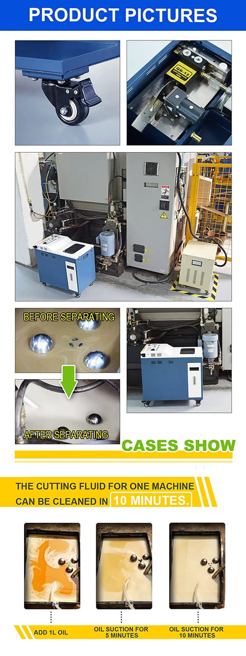 Heavy Duty Shop Ready Oil And Water Separator Filter For Cnc Machines Drains Waste Oil and Cutting Fluid Pools No Sweat With Auto Timers and Ozone Odor Removal, showing before and after separating oil.