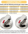 Stove Knob Control Dial With Reinforced Power Ring Protection For Samsung Gas Range Ovens Upgraded Five Piece Replacement Knob Set showing compatibility list