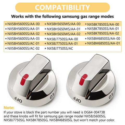Stove Knob Control Dial With Reinforced Power Ring Protection For Samsung Gas Range Ovens Upgraded Five Piece Replacement Knob Set showing compatibility list