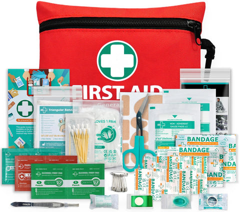 General Medi Mini First Aid Kit, red 110-piece set with scissors, bandages and foil blanket