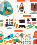 Image of Kids Camping Set 50 Piece With Tent Space Projector Flashlight Toy Gear For Outdoor Fun Pretend Campout Kit with accessories.