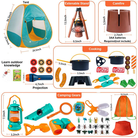 Image of Kids Camping Set 50 Piece With Tent Space Projector Flashlight Toy Gear For Outdoor Fun Pretend Campout Kit with accessories.