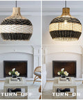 Rattan Pendant Light For Kitchen Island Handwoven Lampshade Hanging Light Fixture, Eco Friendly Wicker Chandelier, turned off and on