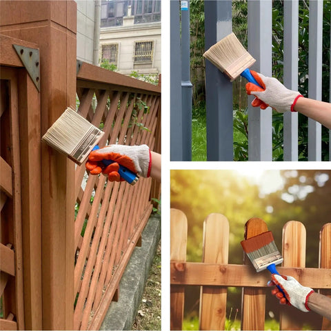 Three Pack Deck Stain Brush Set 4 Inch 5 Inch 6 Inch For Faster Coverage With Threaded Handles used on wood and metal fences