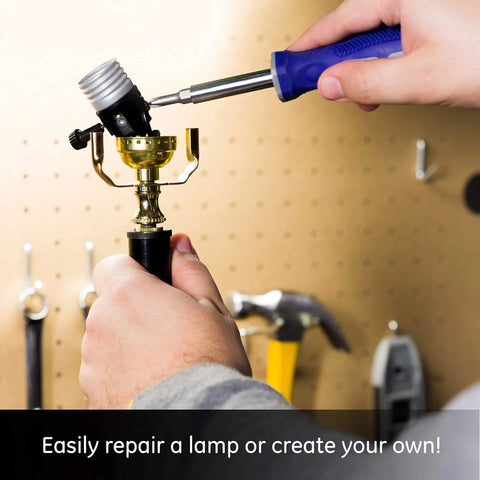 Person using a screwdriver to repair a lamp with 8 Ft Lamp Power Cord With Polarized Molded Plug, 2 Prong DIY Lamp Repair Replacement