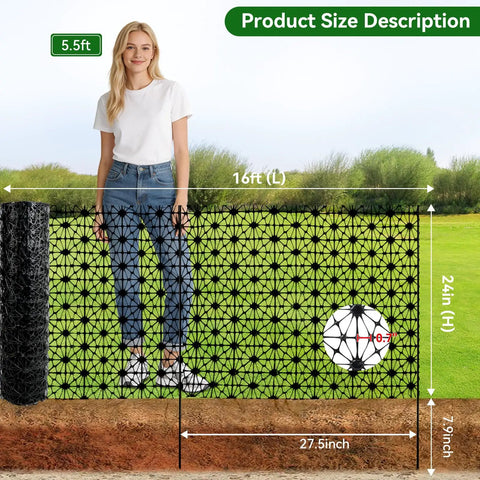 24 Inch High Outdoor Garden Fence Border Edging Roll Made From HDPE With UV Anti Aging Finish Keeps Rabbits And Small Pests Out No Dig Fencing For Easy Install Weatherproof Backyard Yard Patio Decor with size measurements displayed