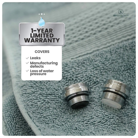 9 Piece Faucet Adapter Kit For Sinks And RVs With Brass Aerator Adapters on a towel next to a warranty card