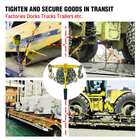 Heavy Duty Ratchet Load Binder and Chain Set 5/16 to 3/8 Inch G80 Chains securing construction equipment and goods on trucks.