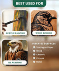 Image showing best uses for graphite transfer paper: acrylic painting, wood burning, oil painting, and versatile surfaces like paper, wood, ceramic, canvas, and metal.