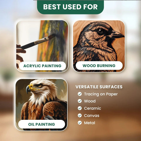 Image showing best uses for graphite transfer paper: acrylic painting, wood burning, oil painting, and versatile surfaces like paper, wood, ceramic, canvas, and metal.