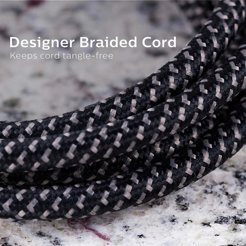 Close-up of designer braided cord for Six-Outlet Surge Protector Power Strip With 10-Foot Braided Cord And Flat Plug, 1080 Joules.