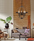 Farmhouse Globe Chandelier With 5 Lights Dope Rustic Metal Pendant Lighting for dining room with black and wood finish.