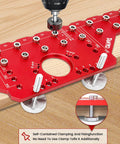 Rugged Two In One Shelf Pin And 35mm Hinge Jig Kit With Premium Drill Bits for precise drilling on red all-metal board.