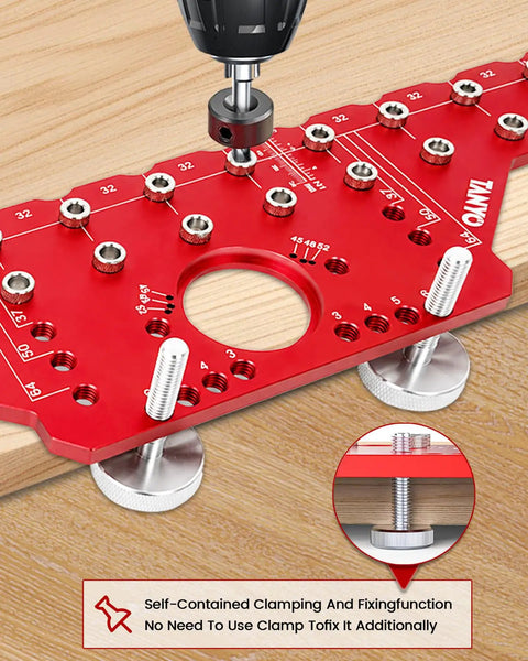 Rugged Two In One Shelf Pin And 35mm Hinge Jig Kit With Premium Drill Bits for precise drilling on red all-metal board.