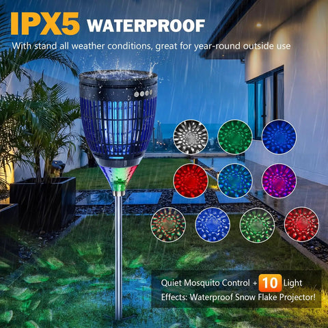 Super Effective Solar Bug Zapper Outdoor Kills Mosquitoes Gnats Flies Fast With 4200V High Voltage Zap Flame Projection Auto Manual Modes Ip X5 Waterproof Rechargeable Trap For Patio Backyard Garden Yard And Rv Camping showcasing light effects in rain.