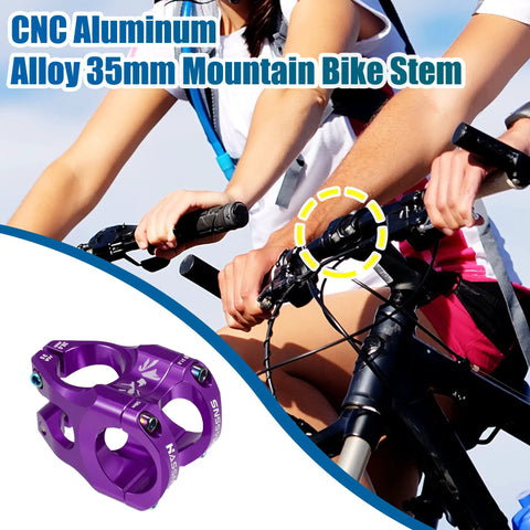 CNC Aluminum 35mm Mountain Bike Stem For 1 1 8 Inch Steering Tube Purple Fits Most Road And Mountain Bikes displayed with cyclists