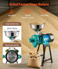 Electric Grain Mill And Spice Grinder For Dry Grains, 1500W cast iron pulverizer grinding grains into a sack, factory setting.