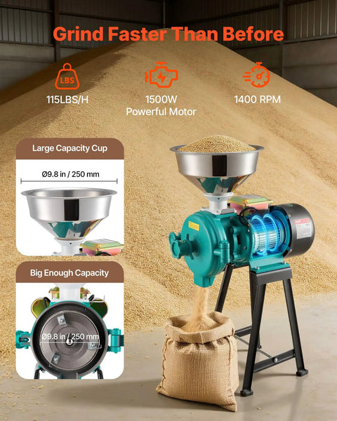 Electric Grain Mill And Spice Grinder For Dry Grains, 1500W cast iron pulverizer grinding grains into a sack, factory setting.