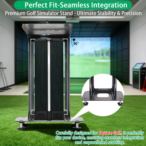 Heavy Duty Metal Protective Case For Square Golf Launch Monitor With Leveling Stand And Clear Acrylic Screen shown indoors