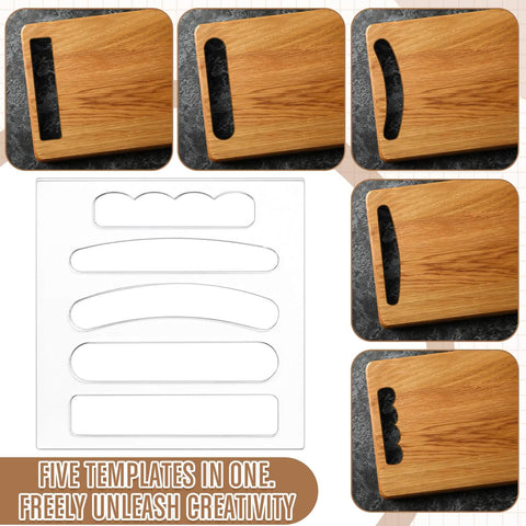 All In One Router Template Kit For DIY Woodworking With 6 Charcuterie Board Handle Guides, 2 Tray Edge Templates visible