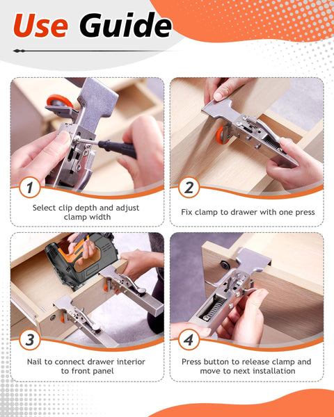 Guide showing how to use Drawer Fixing Clamps For Panel And Drawer Front Installation with Adjustable Cabinet Face Mounting Clips.