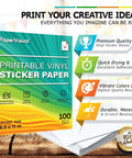 Printable vinyl sticker paper for inkjet/laser, 8.5 x 11 in, 100 white matte sheets, PaperVisual