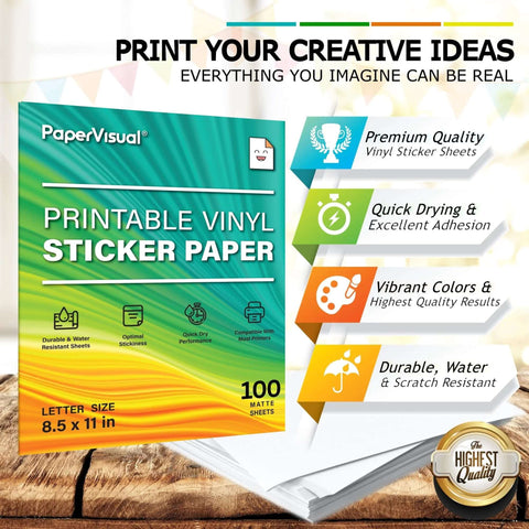 Printable vinyl sticker paper for inkjet/laser, 8.5 x 11 in, 100 white matte sheets, PaperVisual