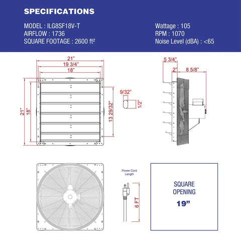 Specifications and dimensions of 18 Inch Wall Mounted Shutter Exhaust Fan With Thermostat Control 3 Speed Beefy Adjustable Ventilation.