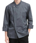 Men Professional Chef Coat Jacket Featuring Lightweight Breathable Fabric With Practical Sleeve Pocket And Sturdy Button Closure Pro Kitchen Workwear Uniform Jacket. Gray short sleeve chef coat with pocket.