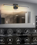 No Sweat Wireless Setup Matte Black And Brushed Gold Battery Wall Sconces Set Of Two With 360 Degree Rotate Tube Waterproof Rust Proof Fixtures mounted above a mirror in a modern bathroom.
