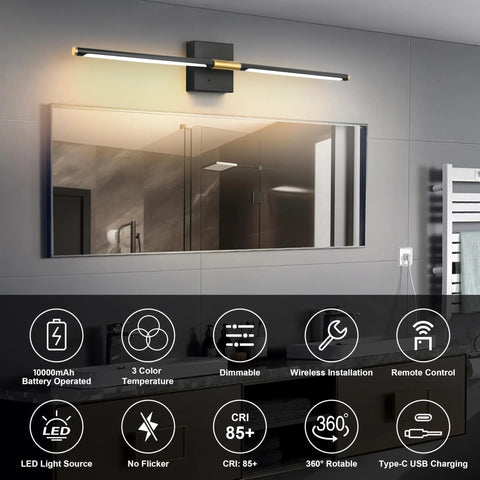 No Sweat Wireless Setup Matte Black And Brushed Gold Battery Wall Sconces Set Of Two With 360 Degree Rotate Tube Waterproof Rust Proof Fixtures mounted above a mirror in a modern bathroom.