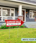 7 Pack Garage Sale Signs With Stakes 16x6 Inch Double Sided Yard Sale Arrows Waterproof Outdoor Signs With 14 Metal Stakes Durable Directional Signs For Curbside Sales And Neighborhood Block Parties. Red arrow garage sale sign on lawn with metal stakes