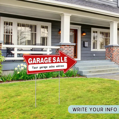 7 Pack Garage Sale Signs With Stakes 16x6 Inch Double Sided Yard Sale Arrows Waterproof Outdoor Signs With 14 Metal Stakes Durable Directional Signs For Curbside Sales And Neighborhood Block Parties. Red arrow garage sale sign on lawn with metal stakes